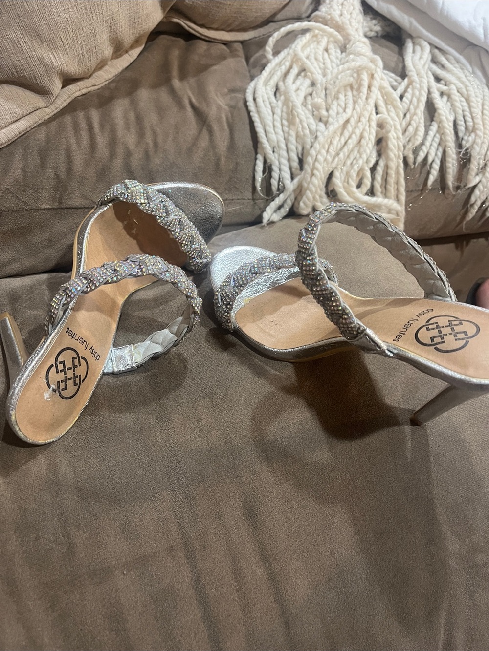 Daisy Fuentes Silver Braided Crystal Strap Heels